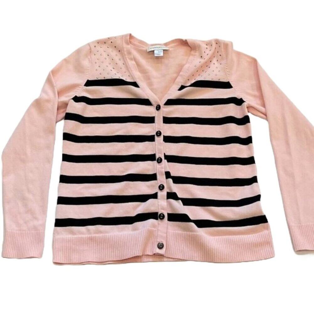 Pink, Black Stripe Cotton Blend V-Neck Cardigan Knit Sweater, Metal Beading, S